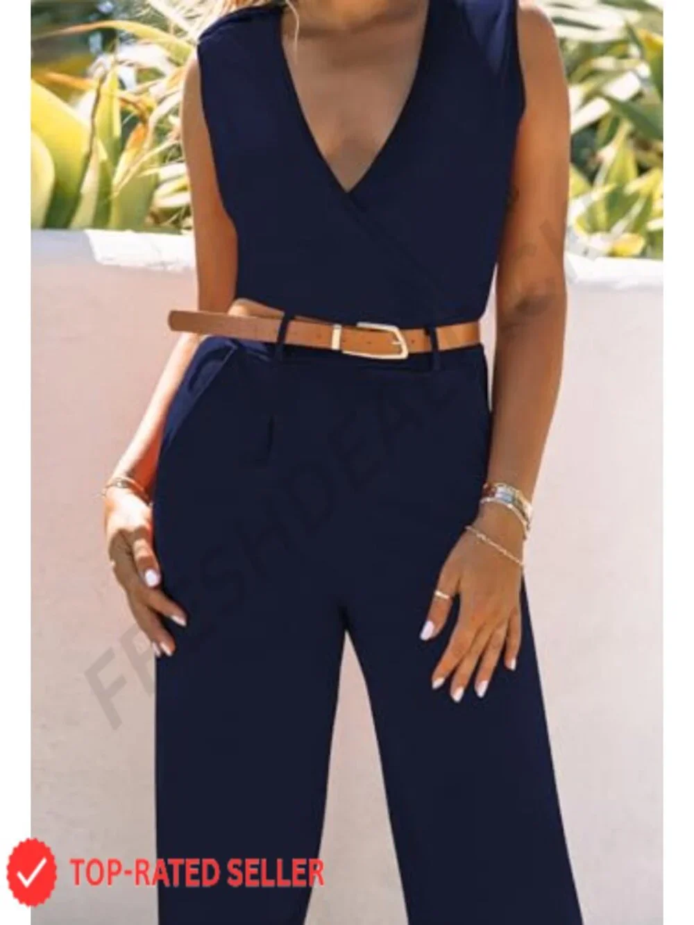 Women's Wide Leg Jumpsuit V-Neck Sleeveless Romper with Pockets & Belt